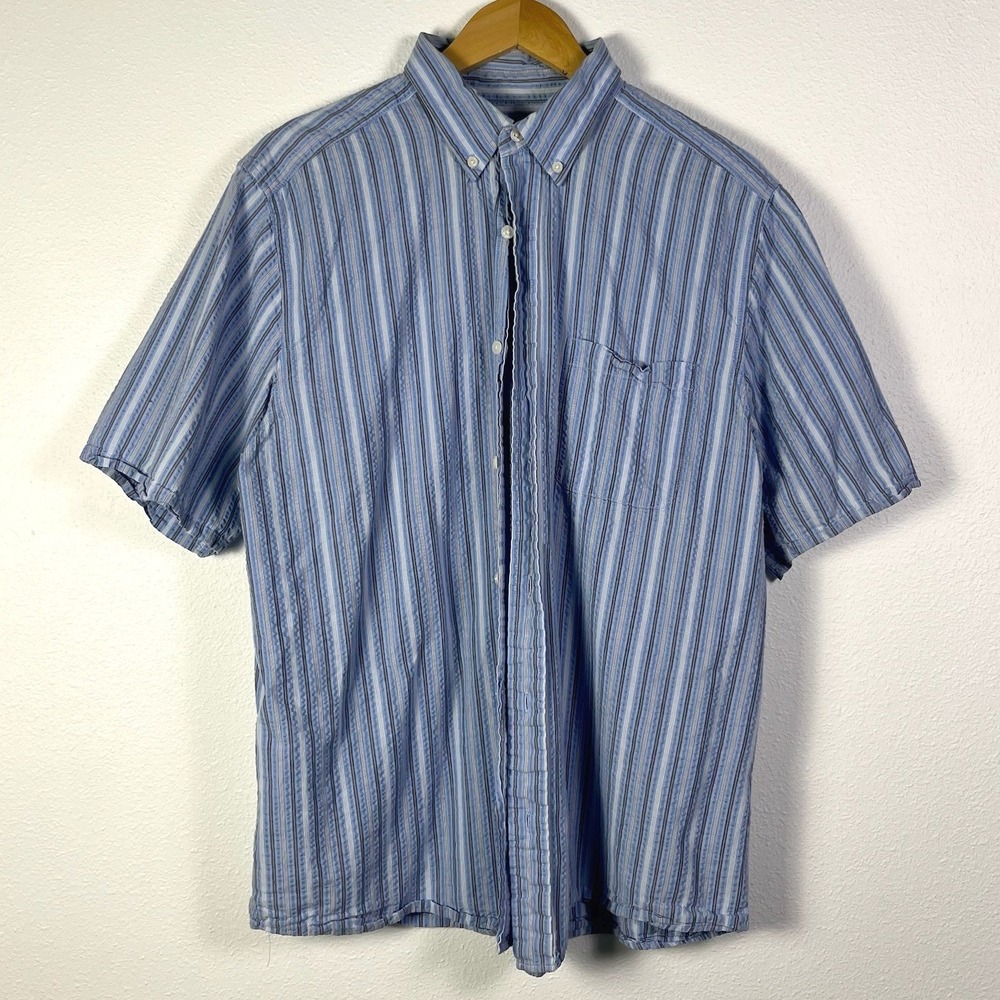 Eddie Bauer Button Down Shirt Mens L Blue Excellent Striped Seersucker Cotton